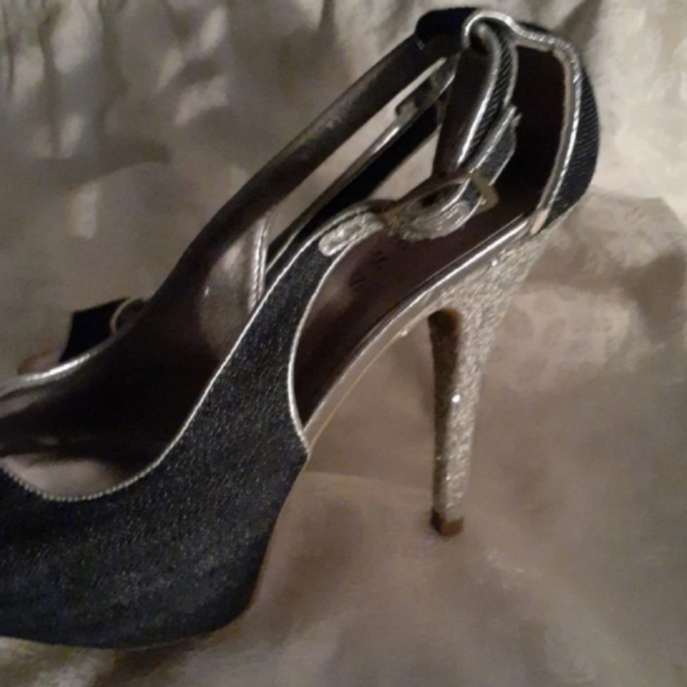 GUESS DENIEM AND SILVER GLITTER HEELS